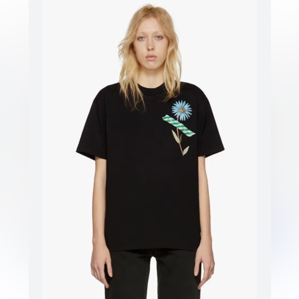 Off-White by Virgil Abloh NWT Black Tee w/Floral Design 2018. Sz S Ret $350